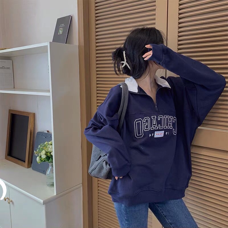 Áo Sweater Nỉ Cổ Khóa CHICAGO 1994 🦋 Áo Thun Nữ Dài Tay Cổ Bẻ Chữ In 🦋
