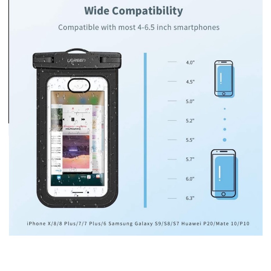 Túi đựng điện thoại chống nước tiêu chuẩn IPX 8 độ sâu 20m trong suốt cho màn hình từ 4&quot; đến 6.5 &quot; cao cấp  Ugreen 50919