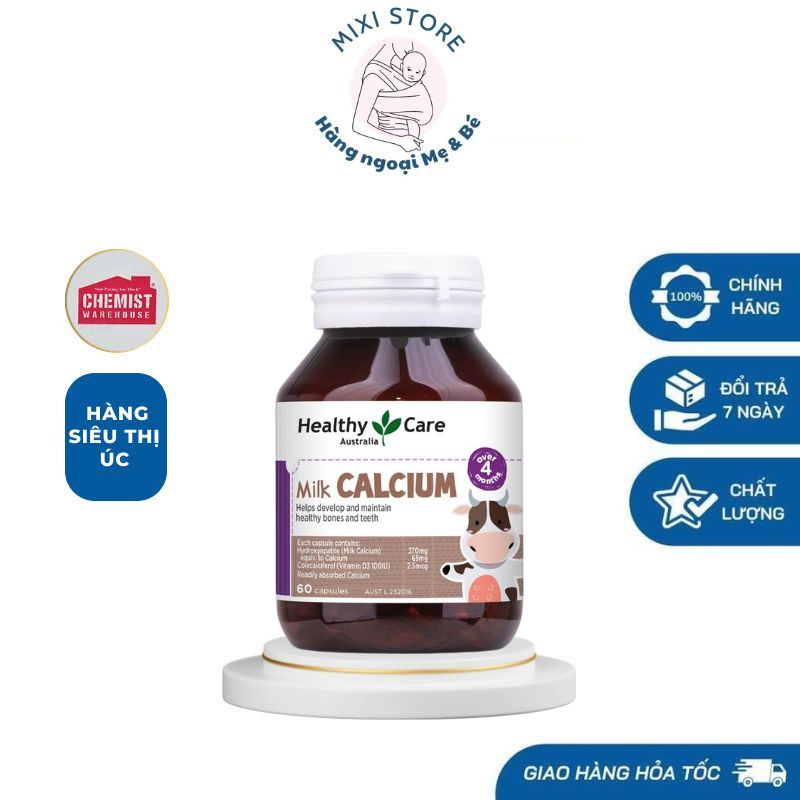 Canxi sữa Healthy Care Milk Calcium Bổ sung Canxi cho bé 60 viên Úc
