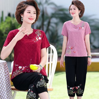 bộ đồ trung niên✌Mẹ mặc bộ đồ mùa hè 2020 phụ nữ trung niên và cao tuổi mới hai mảnh ngắn tay từ 40-50-60 quần áo