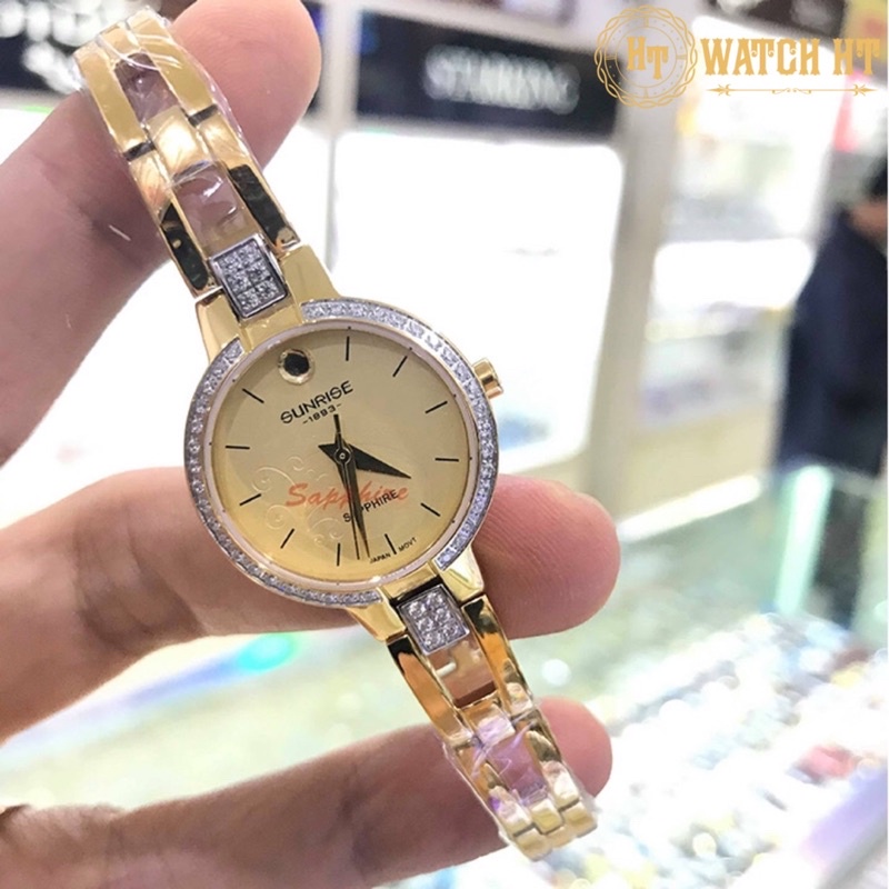Đồng hồ nữ SUNRISE 9927SA vàng vành hạt full hộp chính hãng, kính Sapphire