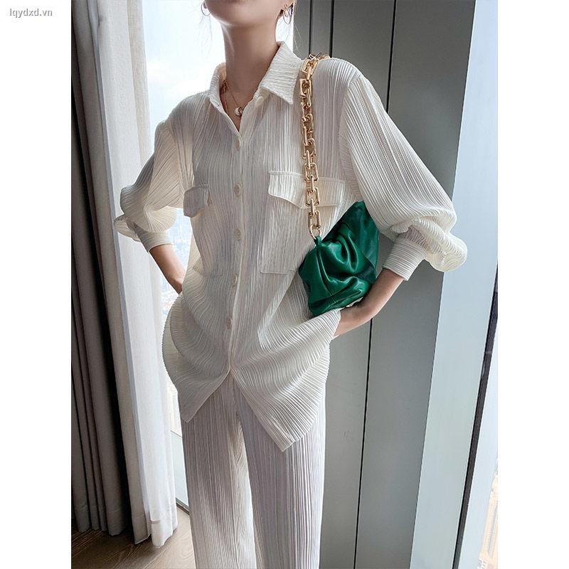 ◑♚Bộ áo sơ mi trắng + quần ống rộng thoáng khí thời trang mùa hè 2021 cho nữ (có bán lẻ)
