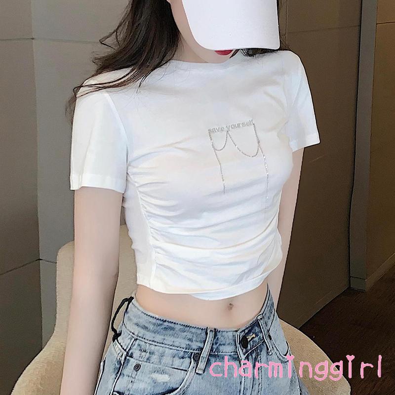 Áo Thun Ngắn Tay In Chữ Đính Đá Thời Trang Cho Nữ