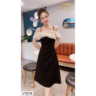 Váy đên 2 dây trễ vai V1574 - Đẹp Shop DVC (Kèm ảnh thật trải sàn do shop tự chụp)