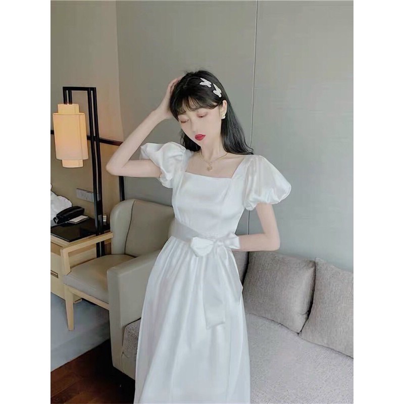 Đầm midi trắng nữ tay phồng -váy lửng xoè tiểu thư công chúa vintge ulzzang