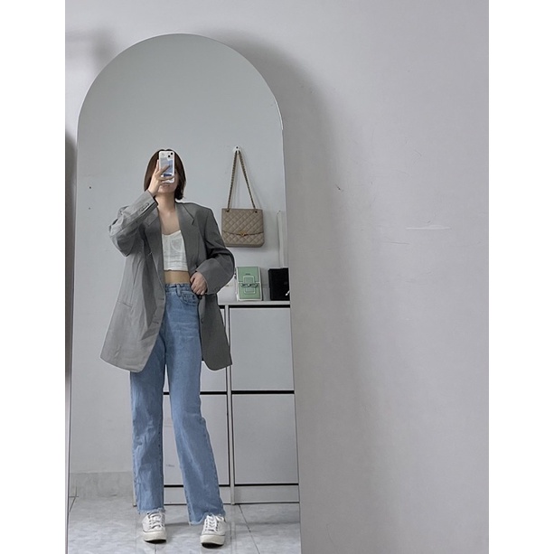 Áo blazer form rộng unisex màu xám có cầu vai đệm vai thời trang cao cấp