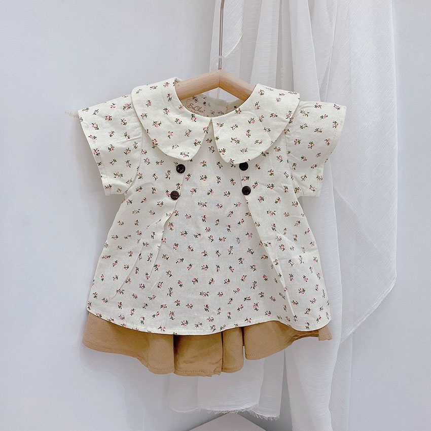 Bộ Quần Áo Cộc Tay Hoa Nhí Gắn Khuy Tiểu Thư Chất Vải Thô Linen Cho Bé Từ 8-20kg Mã CT26