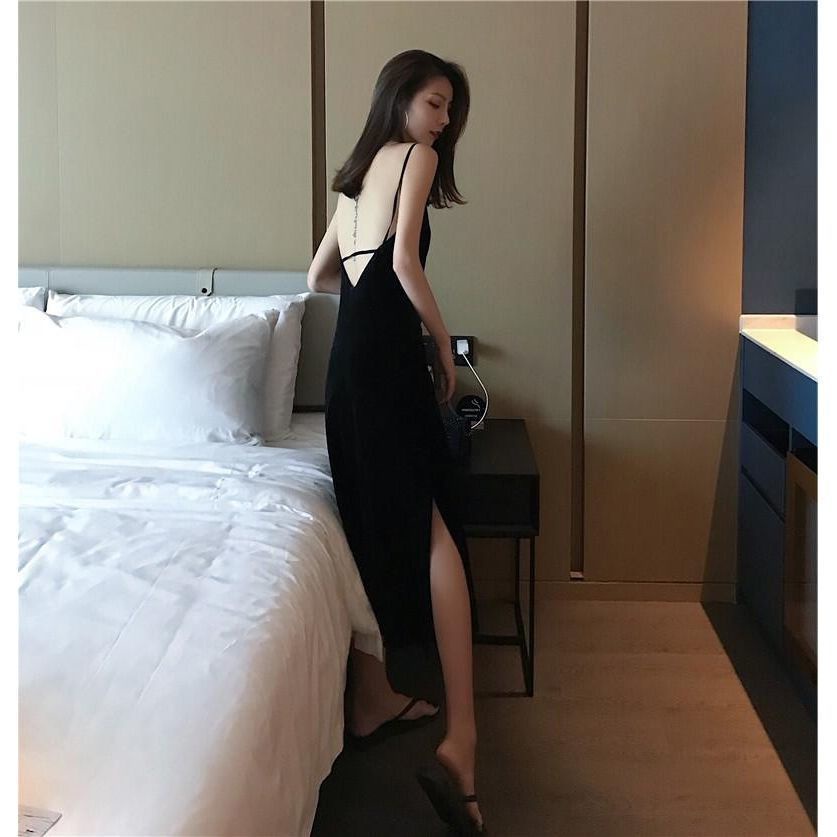 Đầm Dài Hai Dây Màu Đen Quyến Rũ Thời Trang Mùa Hè Cho Nữ