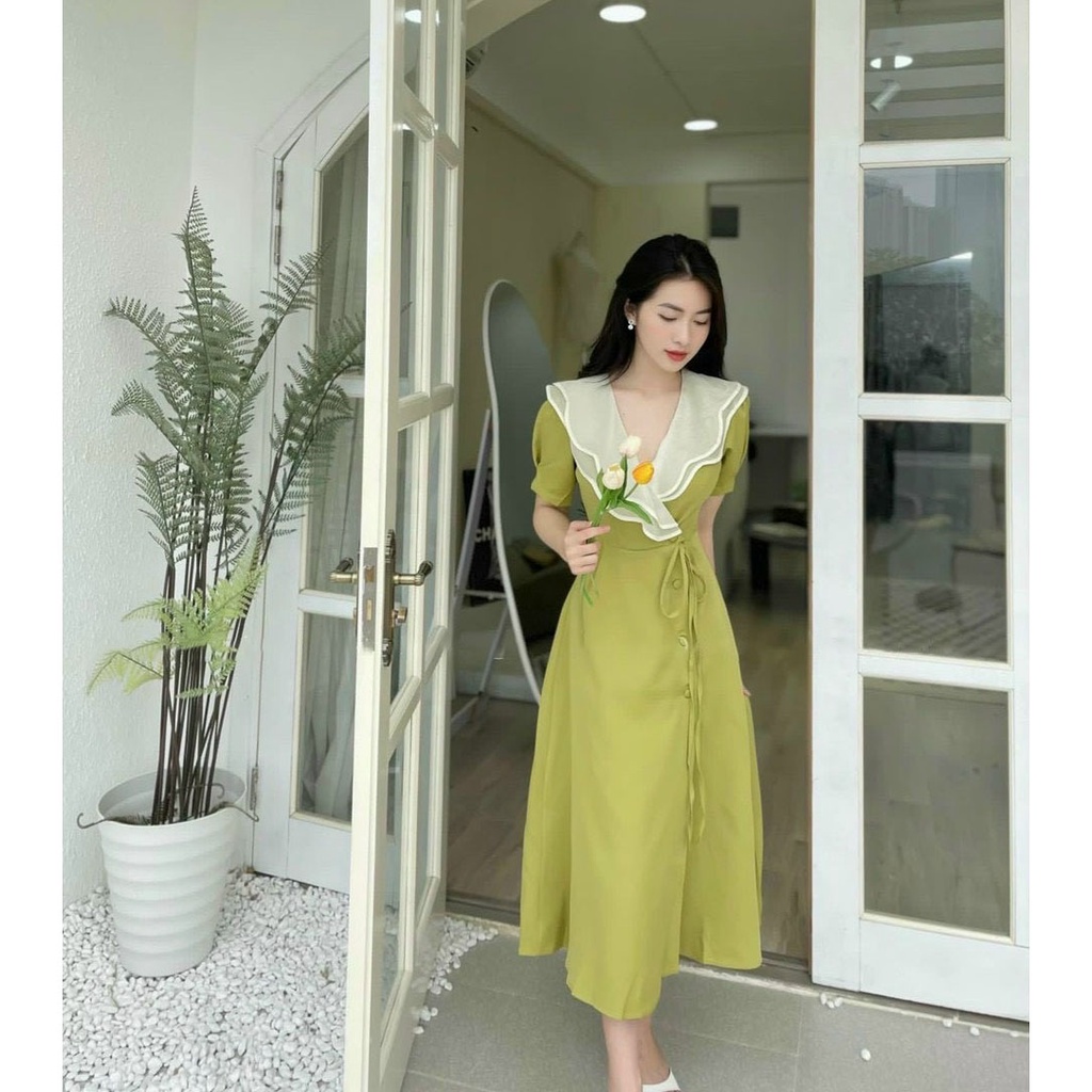 [HCM] Đầm Nữ Cổ Bèo Tơ Gân Đính Nút Bọc Thời Trang Nữ Sam Closet Free Size 40-55kg