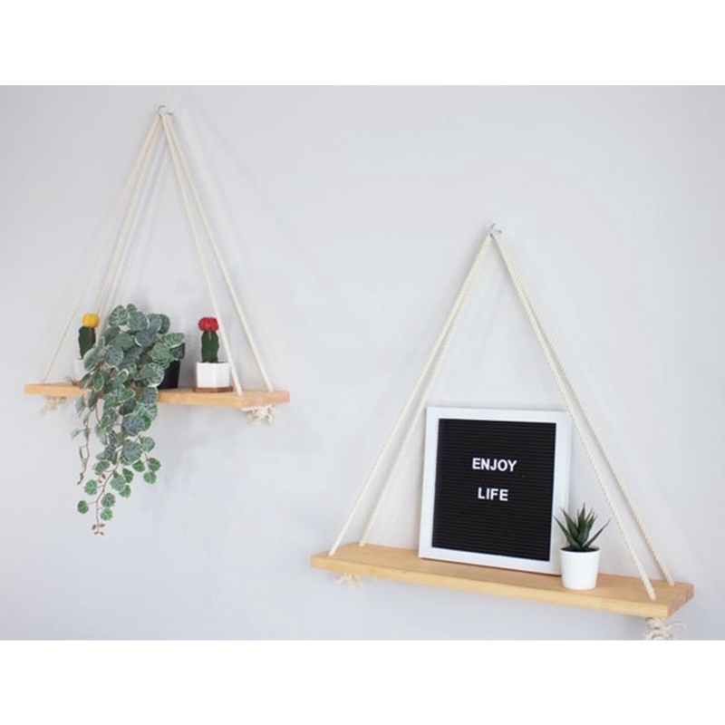 Kệ Treo Tường Dây Thừng Phong Cách Vintage KT 30*14*2CM - Kệ Gỗ Trang Trí – Tặng Dây Thừng Decor Macrame và Móc Treo