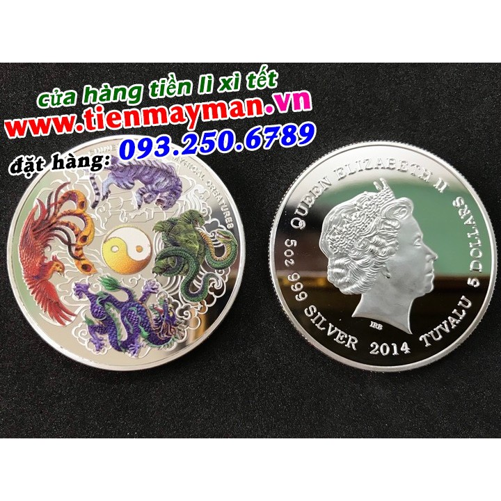 Đồng Xu Tứ Linh ý nghĩa phong thủy - tặng kèm túi gấm rồng phụng