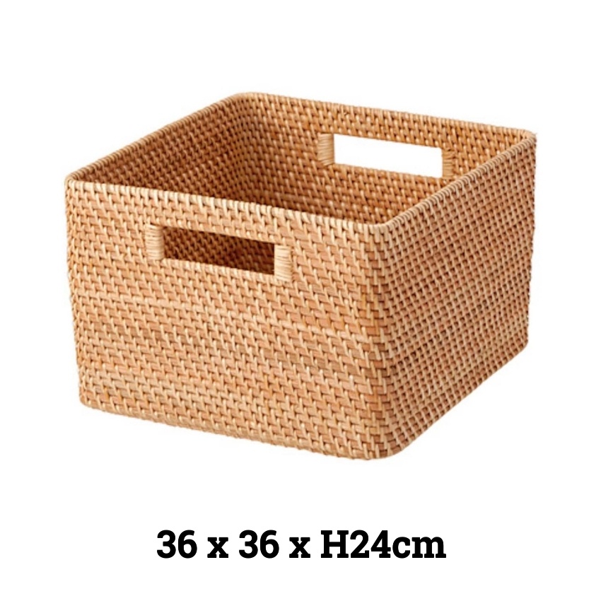 Giỏ mây đan thủ công Việt Nam BAMBOOO ECO hình vuông có tay cầm đựng đồ chơi, đồ giặt, sách vở sử dụng cho gia đình