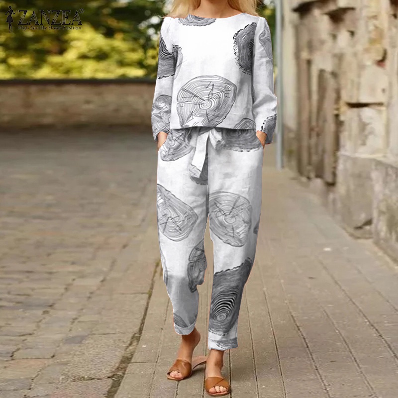 Bộ trang phục gồm áo cổ thuyền tay dài và quần dài lưng thun  ZANZEA bằng cotton họa tiết in ấn cho nữ