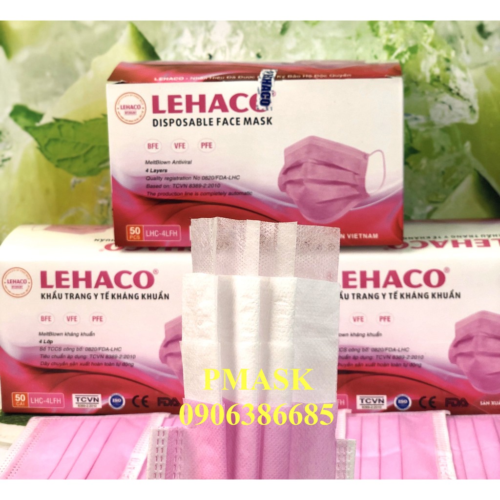 Khẩu trang 4 Lớp Lehaco kháng khuẩn màu Hồng 50 cái/ hộp - Khẩu trang y tế kháng khuẩn Lehaco