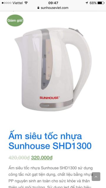 Ấm siêu tốc Sunhouse 1,7lit quà tặng từ Ensure
