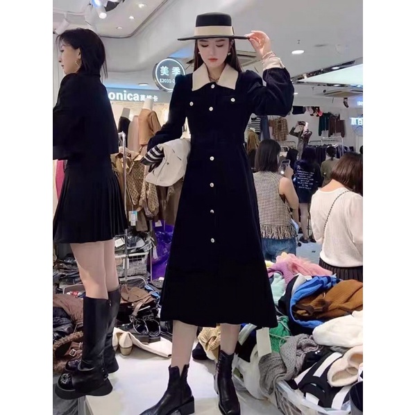 VÁY NHUNG TĂM CỔ PHA KÈM ĐAI