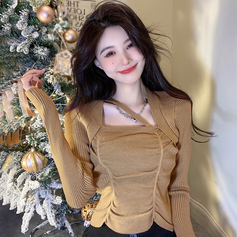 Áo Sweater Dệt Kim Tay Dài Cổ Vuông Màu Sắc Đơn Giản Phong Cách Hàn Quốc Thời Trang Cho Nữ