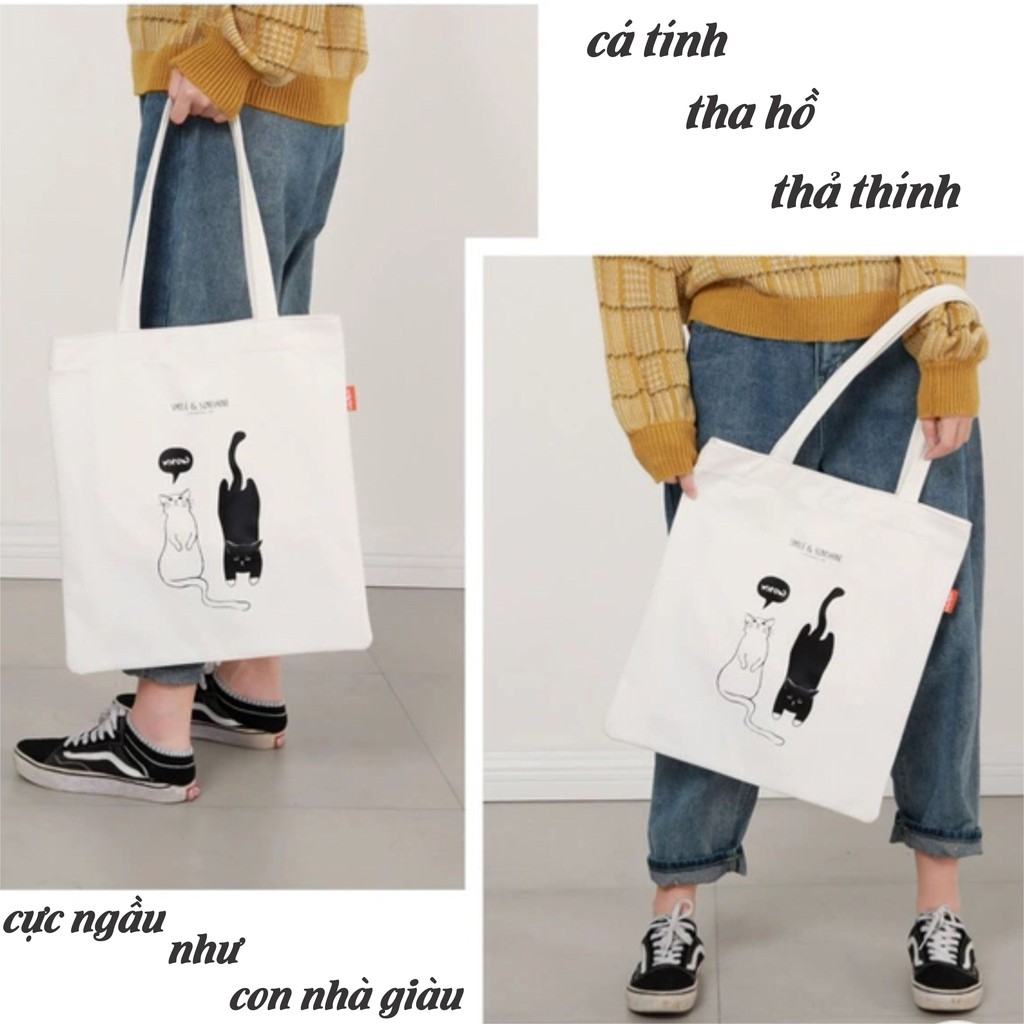 Túi tote vải canvas đựng đồ đi học đi chơi đi làm tiện lợi in hình 2 con mèo ngộ nghĩnh phong cách thời trang Hàn Quốc