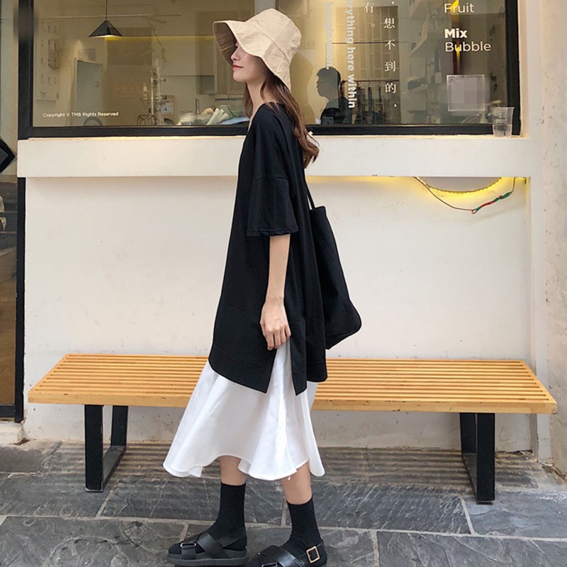 [CÓ SẴN] Đầm thun đen suông phối chân váy trắng xòe cá tính phong cách Hàn Quốc