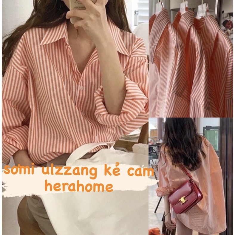 SƠMI KẺ SỌC CAM ULZZANG DÁNG OVERSIZE