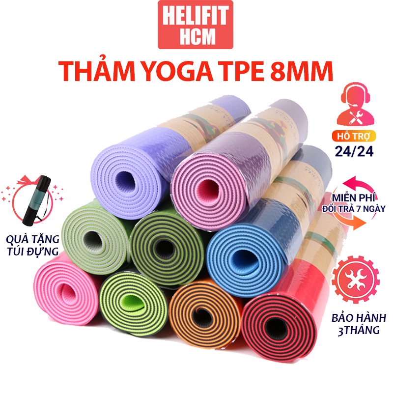 Thảm tập yoga chống trượt TPE 2 lớp cao su 6mm tặng kèm túi thảm HELIFIT HCM