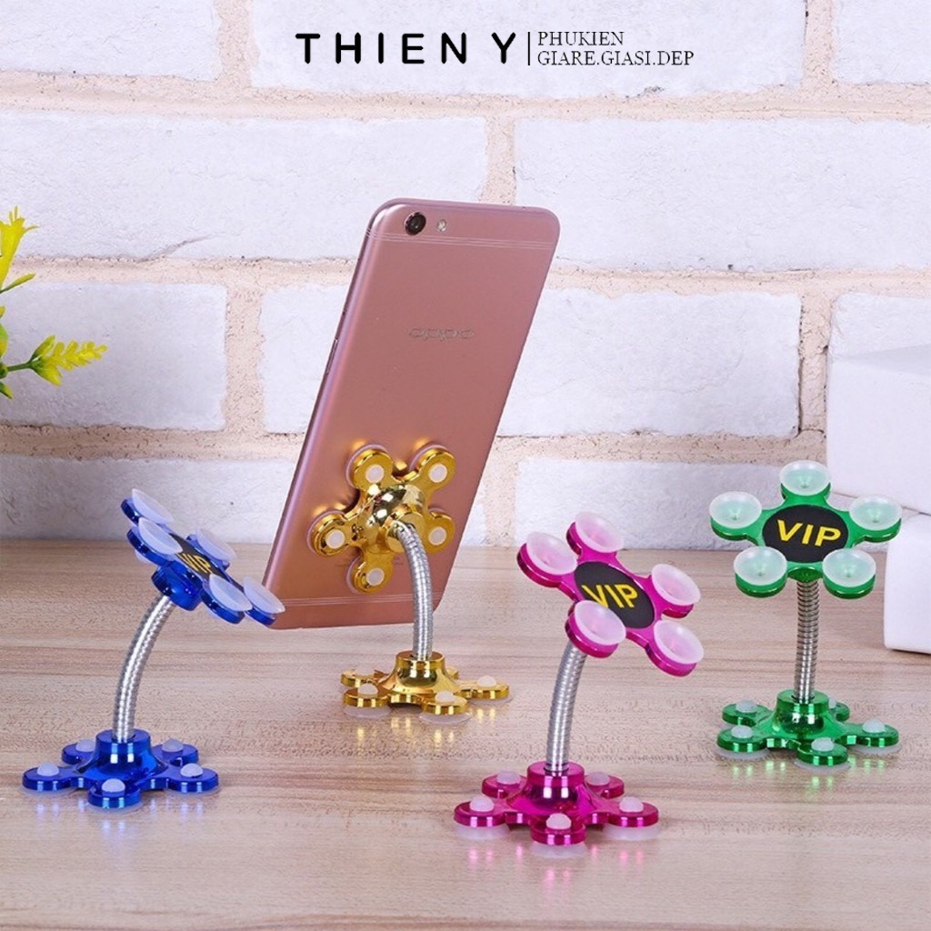 💦💦SIÊU CHẮC💦💦 Giá đỡ hít điện thoại, ipad hình bông hoa 5 cánh có đế hút chân không 2 đầu để Ô Tô - Mặt Phẳng