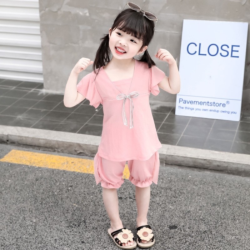 3 - Bộ bé gái màu hồng có nơ nhún viền - HG036-SM