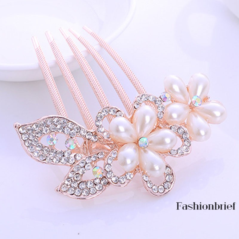 Lược cài tóc họa tiết hoa đính ngọc trai và kim cương nhân tạo thanh lịch cho cô dâu