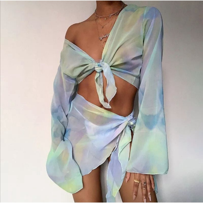 Set Áo Váy Loang Lưới Cover Up Đi Biển Cho Nữ