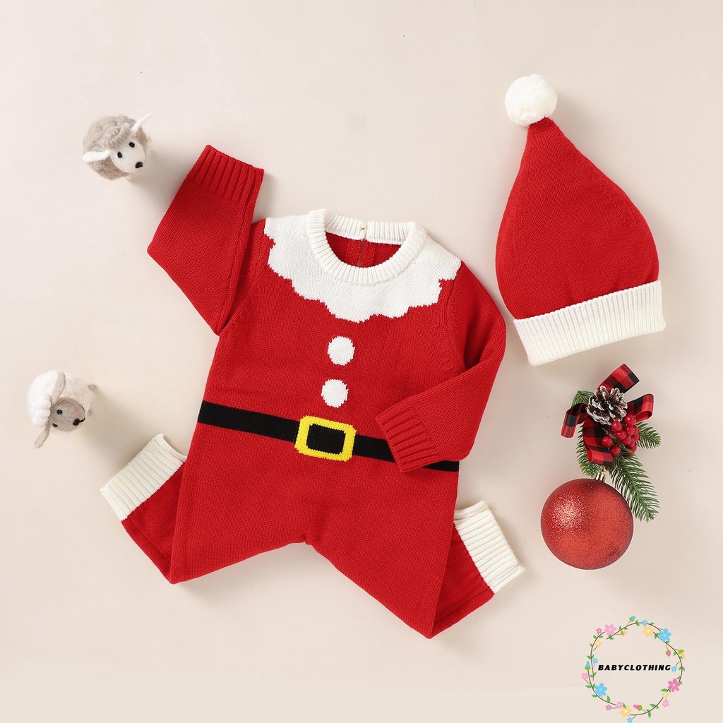 Áo liền quần tay dài cổ tròn nút cài sau lưng phong cách giáng sinh cho bé kèm mũ