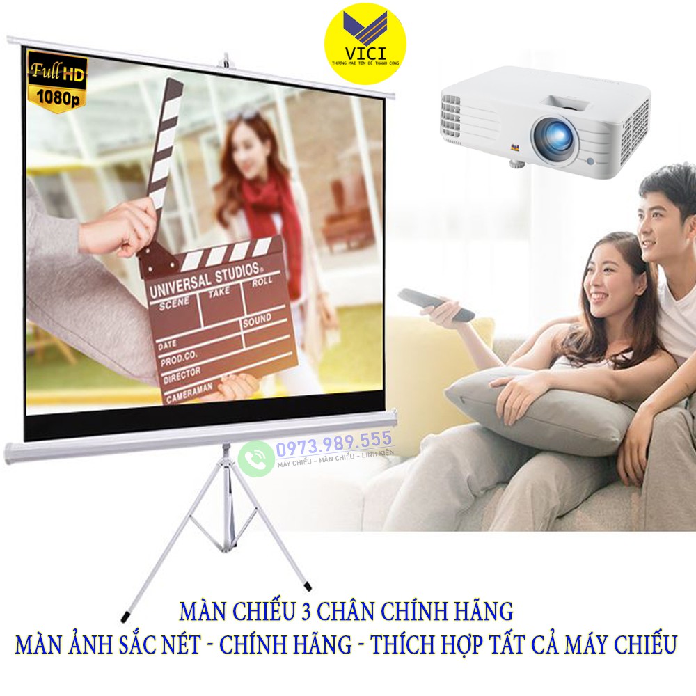 Màn chiếu 3 chân 136inch - 2m44 x 2m44. Khung chắc chắn, vài màn chiếu đẹp, chống mốc, sử dụng chiếu bóng đá sáng đẹp