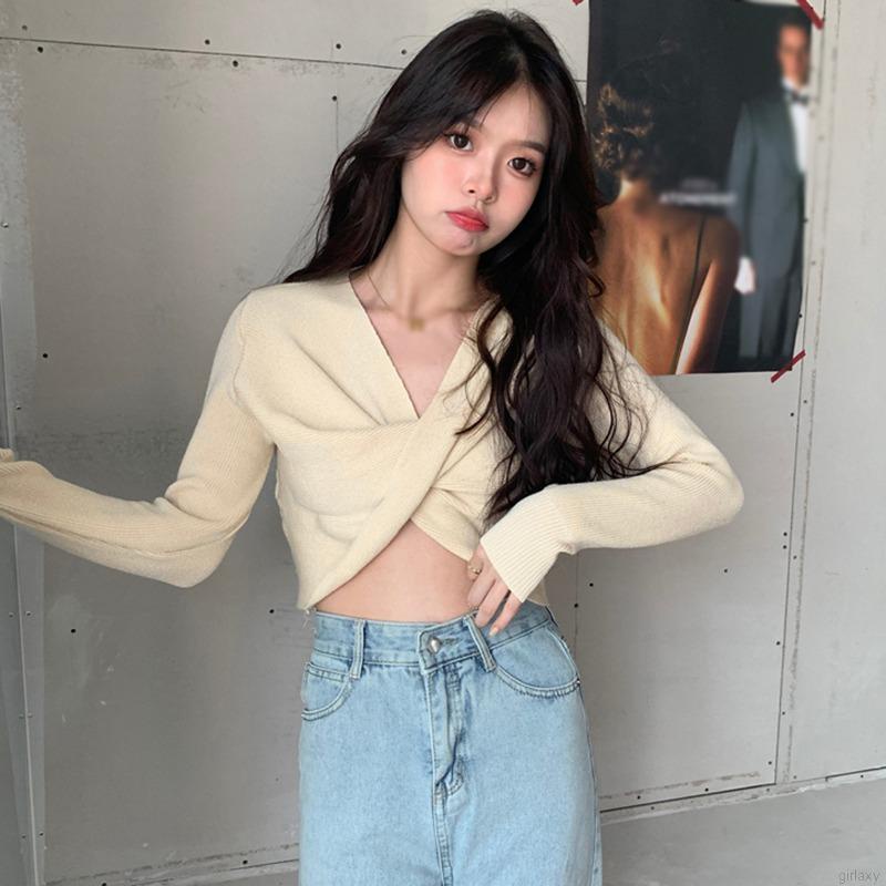 Áo thun lửng cổ V dài tay nhiều màu thời trang nữ tính
