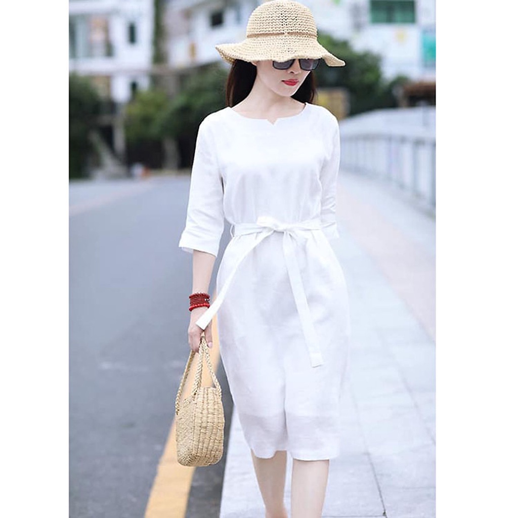 Đầm suông Linen bột Premium tay lỡ 1 lớp vải Linen dày dặn kèm đài rời - Trắng