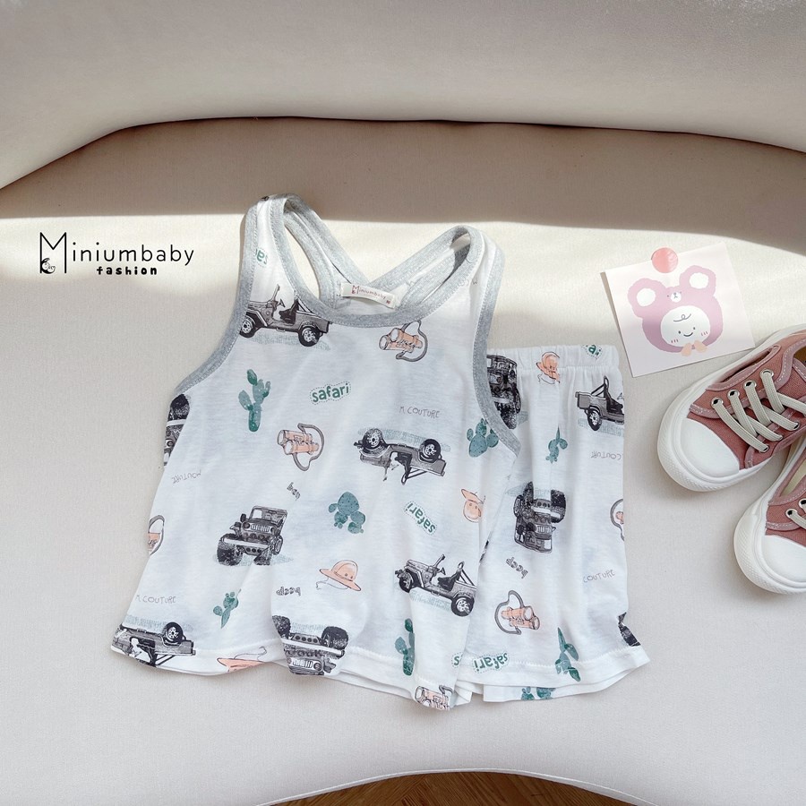 Bộ quần áo ba lỗ thiết kế 2 dây hè unisex cho bé gái, bé trai 100% cotton mát mẻ thông thoáng, miniumbabyfashionSB1241