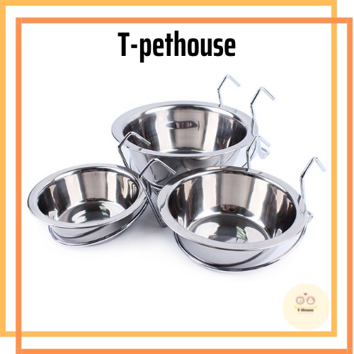 Bát ăn inox cho chó mèo - Bát inox treo chuồng có giá đỡ (dành cho chó mèo nhỏ)