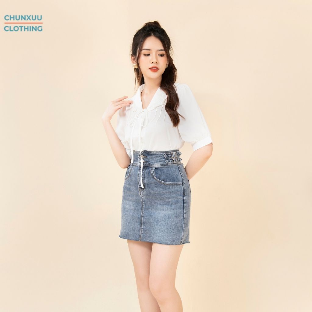 Áo sơ mi trắng nữ tay lỡ dáng ôm Chunxuu thiết kế cổ áo bèo nơ dây nhẹ nhàng thanh lịch - SP41