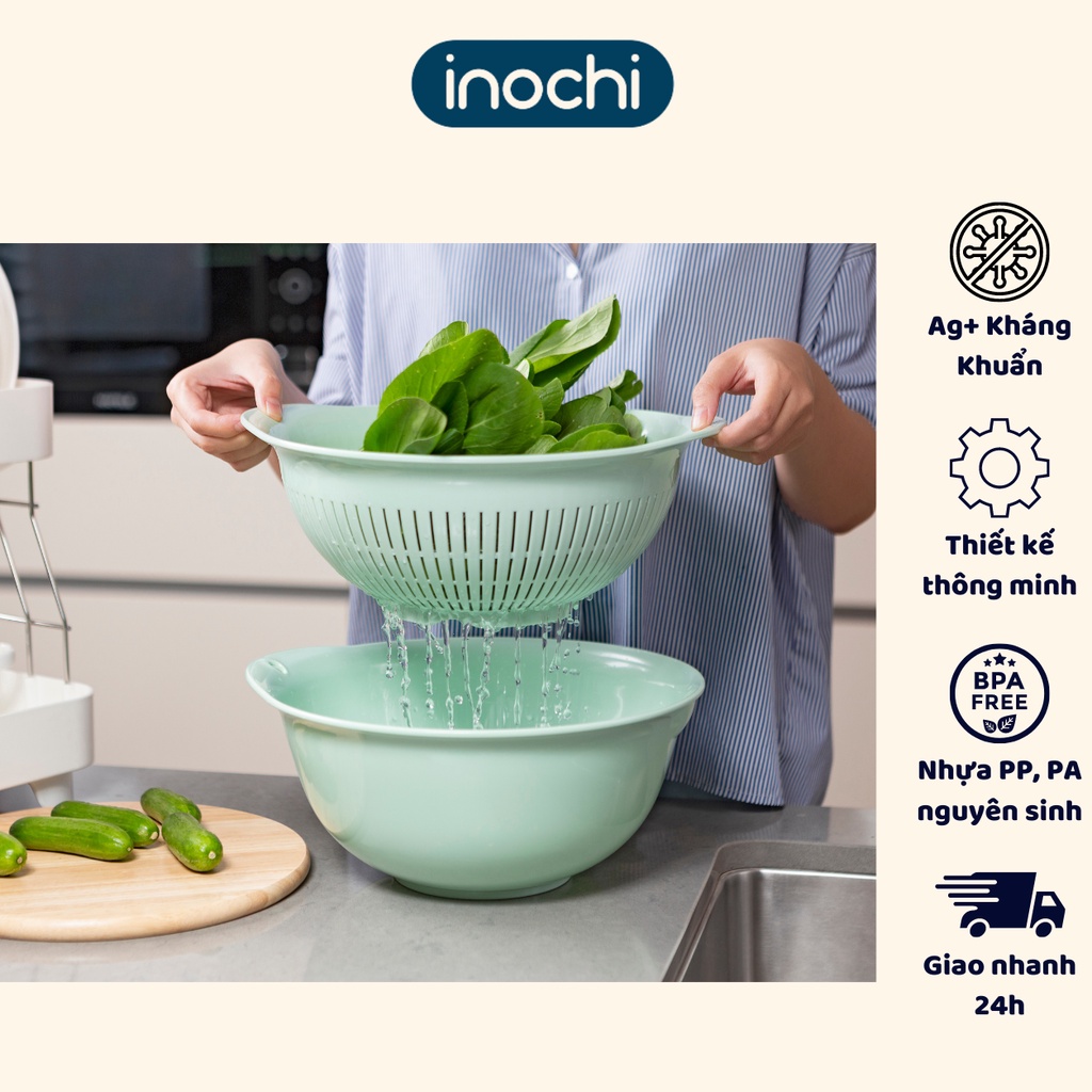 Bộ thau rổ cao cấp inochi, có ion bạc kháng khuẩn, dễ lau chùi, an toàn sức khỏe - Giao màu ngẫu nhiên