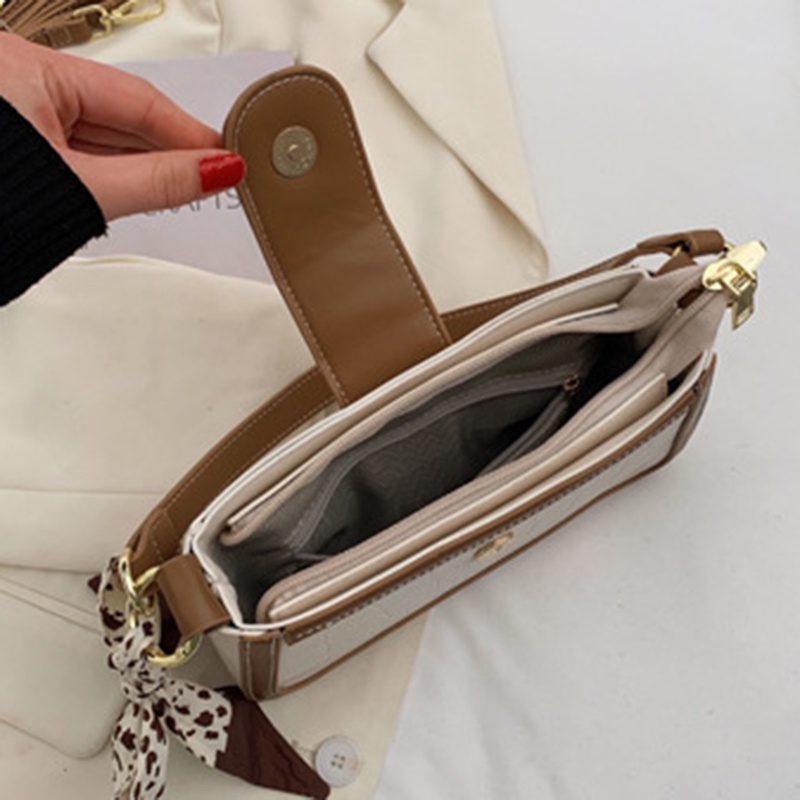 Túi xách đeo chéo IELGY kiểu ghép nối trang trí khăn lụa phong cách retro thời trang cho nữ