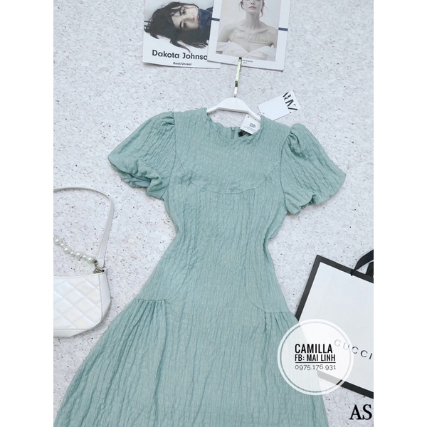 Đầm xoè tay bồng màu xanh mint vải đũi nhăn