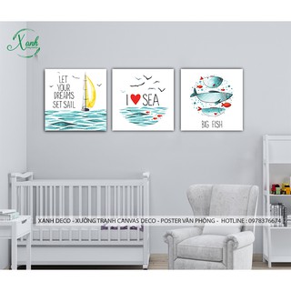 tranh canvas trang trí cá và đại dương 3 bức 40x40 cm