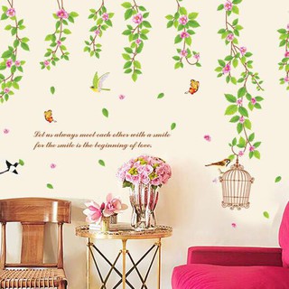 decal dán tường mẫu dây leo hoa lá cây kết hợp lồng chim