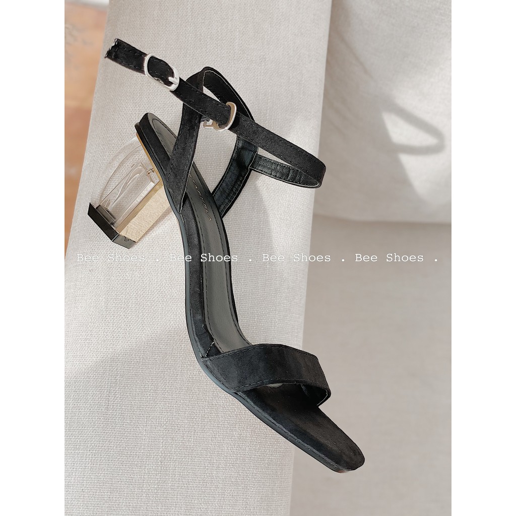 BEESHOES - SANDAL NỮ XỎ NGÓN MŨI TRÒN GÓT VUÔNG - SANDAL CAO 5 PHÂN QUAI DA LỘN MÀU ĐEN 210206