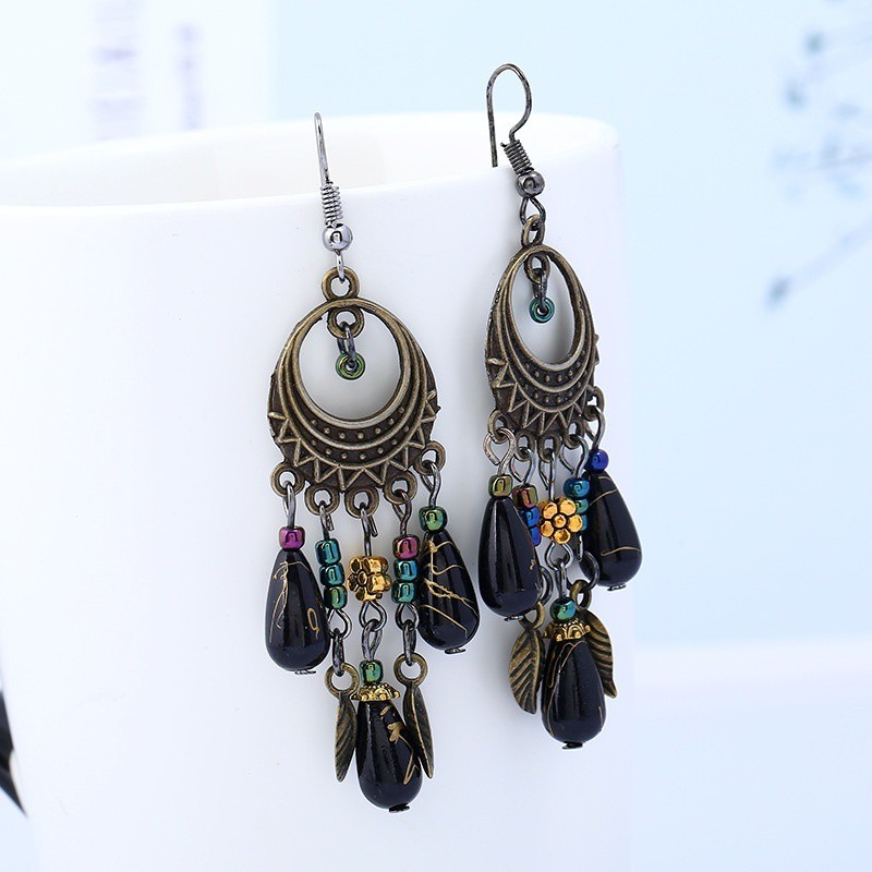 Khuyên tai móc câu họa tiết Boho cổ điển phối màu thời trang