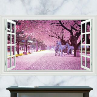 Decal dán tường bạch mã bên hoa anh đào