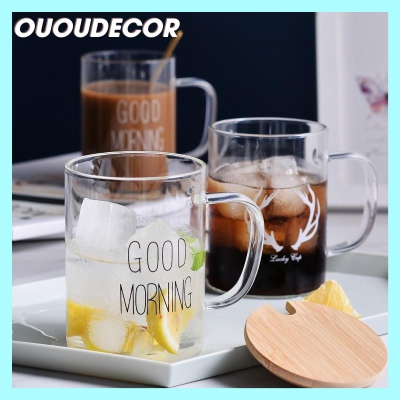 Ly thủy tinh chịu nhiệt uống nước dễ thương GOOD MORNING 400ml cốc thủy tinh cute trong suốt OUDECOR