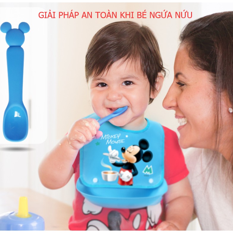 Set Tô muỗng Silicone đáy hít chân không - thương hiệu Disney - hình Mickey