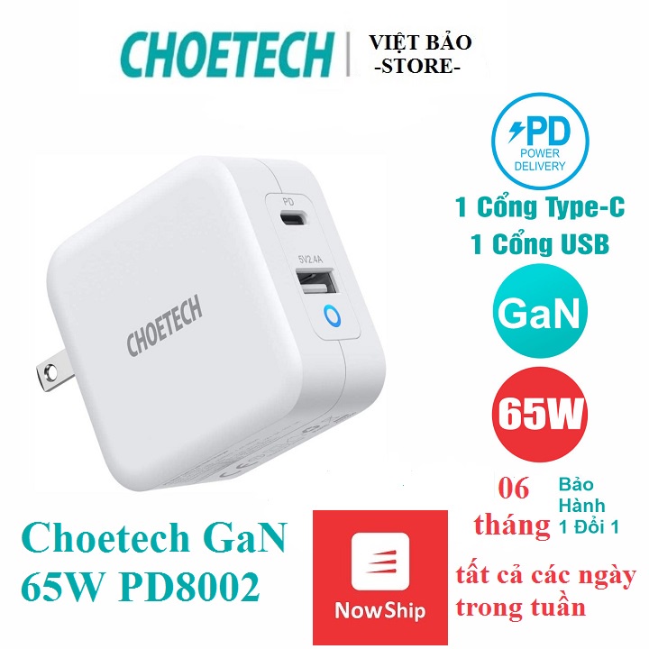 Củ Sạc Nhanh 65W CHOETECH 2 cổng (PD8002) GaN-Tech PD3.0 max 65w [Bảo hành 6 tháng]