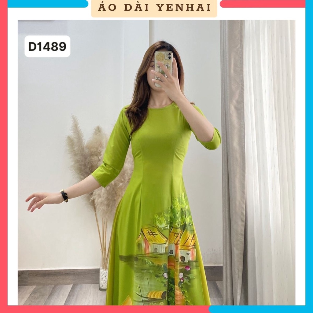 Áo dài thiết kế Yến Hải màu xanh cốm trẻ trung chất lụa Hapu | D1489