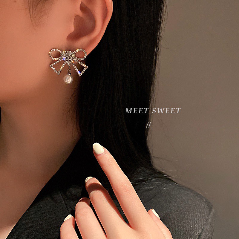 Bông tai mạ bạc 925 hình nơ đính kim cương toàn bộ phong cách Hàn Quốc mới