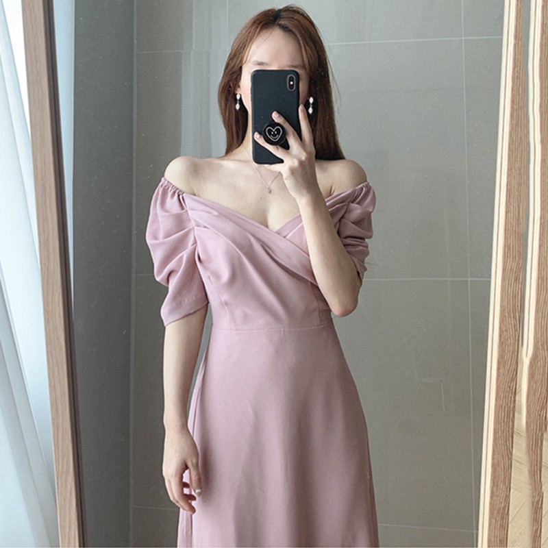 [ORDER] Đầm chic voan cát cổ V dự tiệc sang trọng hai màu trắng hồng ulzzang